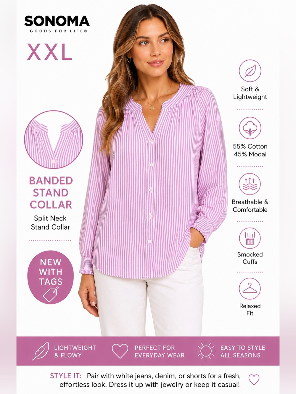 NWT Sonoma Goods for Life Pink Stripe Banded Stand Collar Blouse XXL